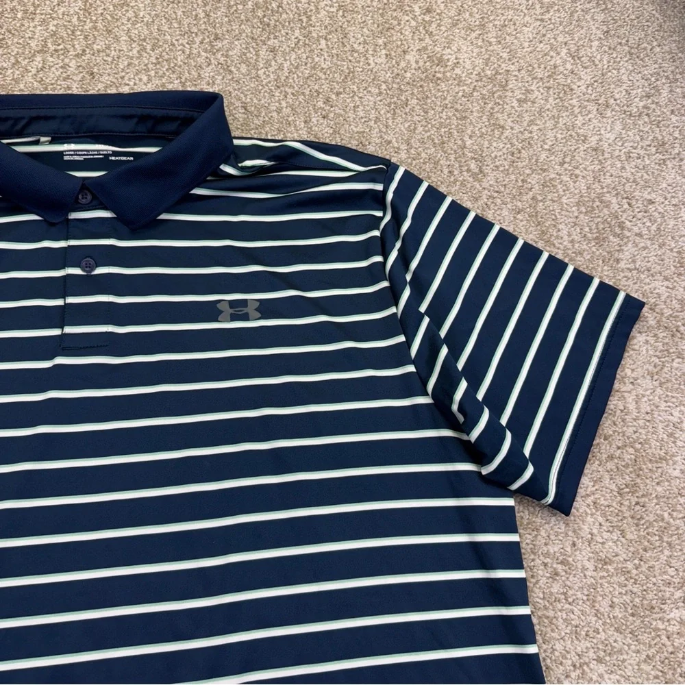 Under Armour Blue White Green Striped Polo Shirt Mens Size 2XL Heatgear - Picture 2 of 10